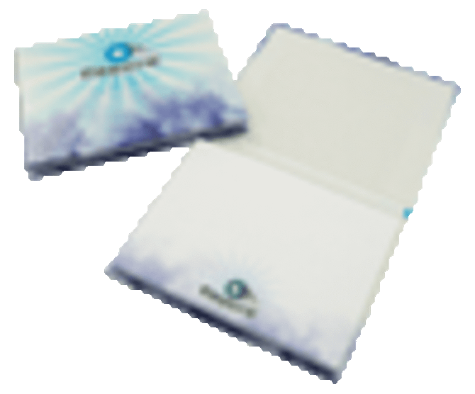 A notepad featuring a hard cover with a blue and white design, containing 50 blank leaves and a logo.