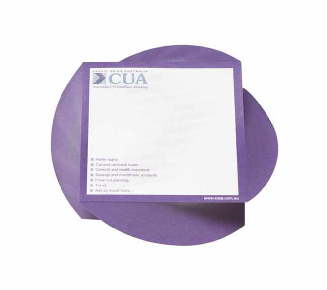 A purple notepad with rounded edges, showcasing a logo on one corner and blank writing space.