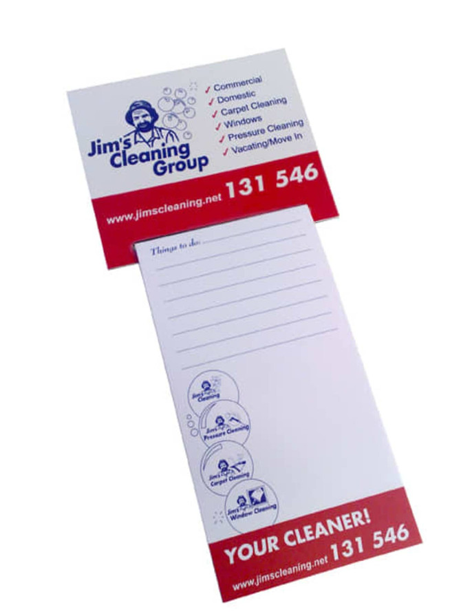 A magnetic shopping list pad in white with red accents, featuring sections for to-do items and a logo.