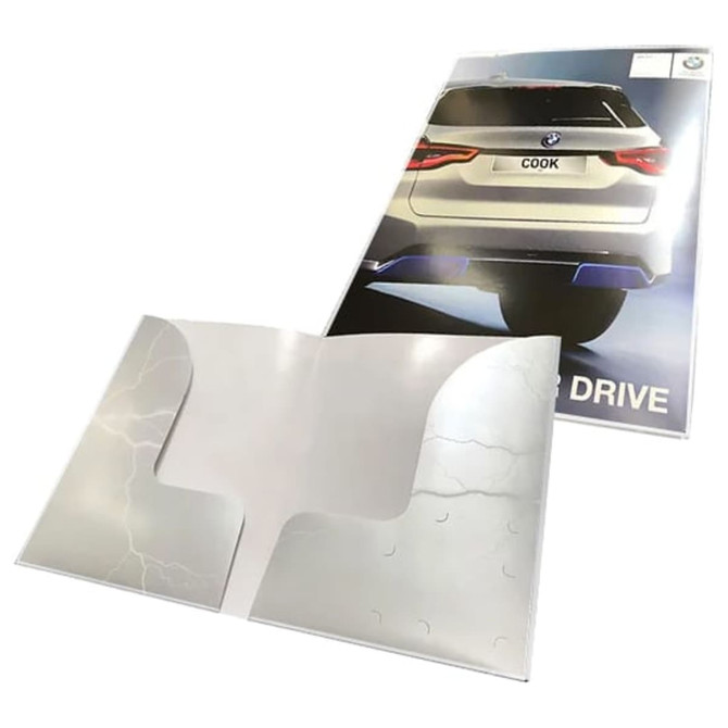 A4 digital presentation folder with double pockets in white and grey, featuring a sleek automotive design on the front.