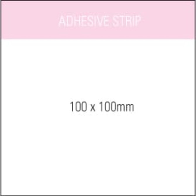 A white adhesive strip with dimensions of 100 x 100mm, featuring a simple design and branding at the top.