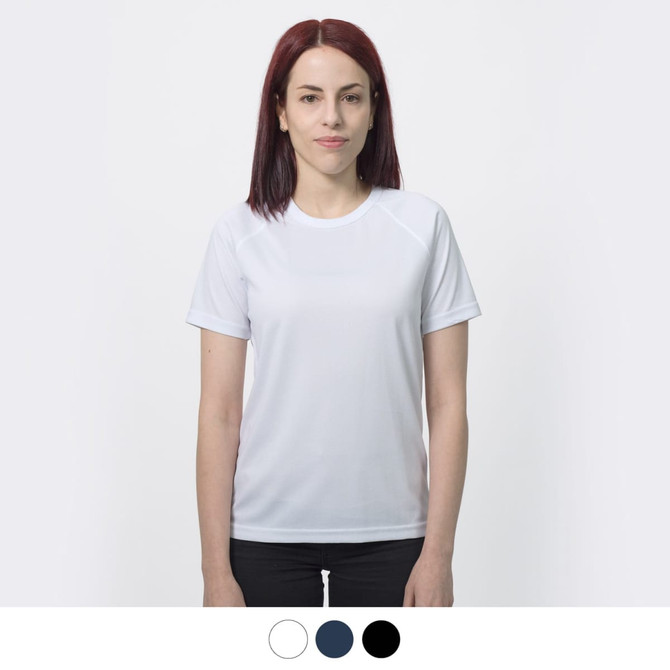 A woman wearing a white women's sports T-shirt with short sleeves. The shirt includes a branding logo.
