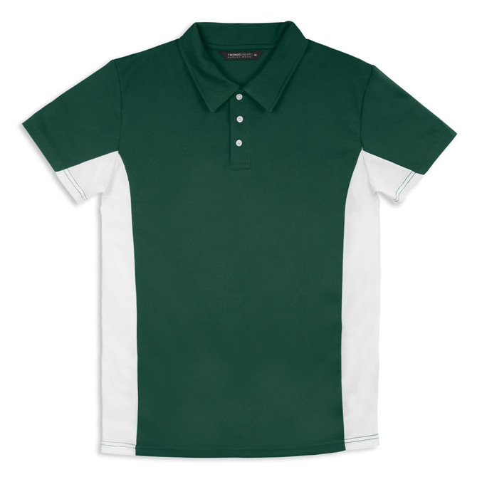 A green polo shirt features white side panels and a collar, with a three-button placket and a logo.