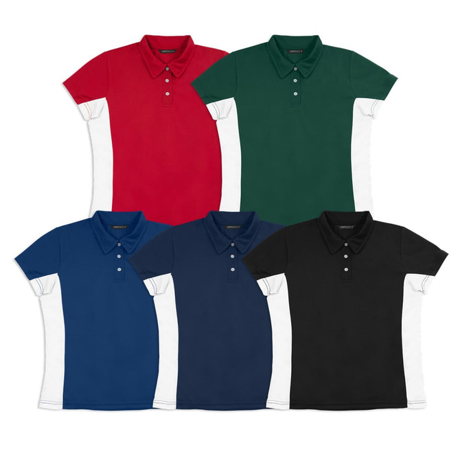 A collection of polo shirts in red, green, navy, black, and white, featuring various colour combinations. Each shirt has a collar and buttons.