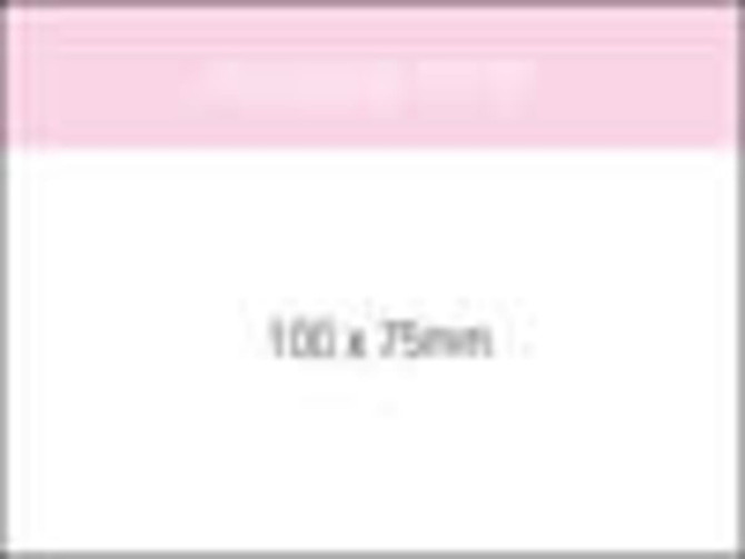 A notepad featuring a pink design, measuring 100 x 75 mm, with 100 leaves. Includes a logo.