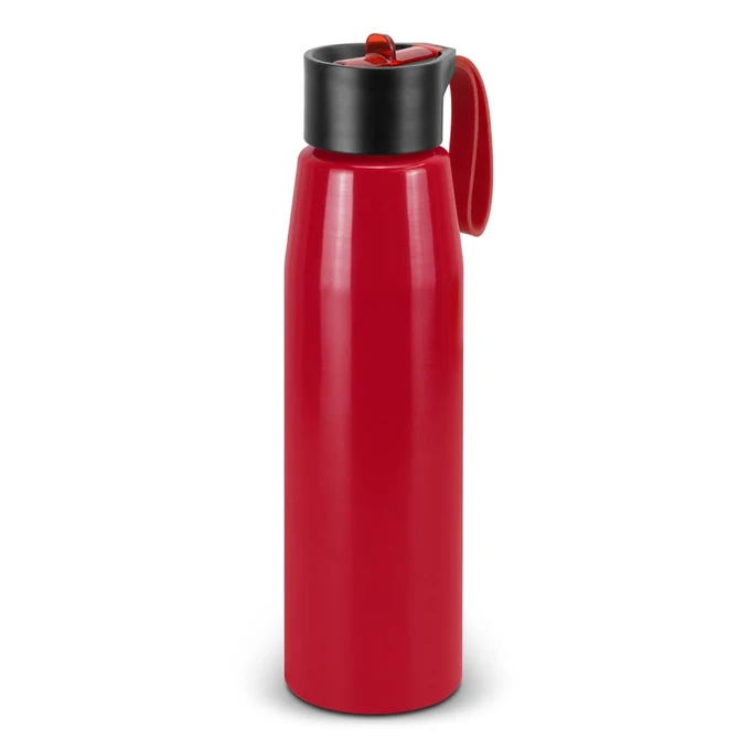 A drink bottle in bright red with a black cap and a red handle, featuring a logo on the body.