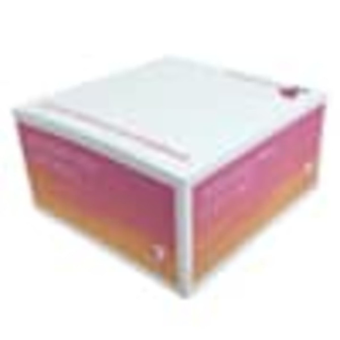 A note cube with a white top and pink to orange gradient sides, featuring a logo on one side. A note cube with a white top and pink to orange gradient sides, featuring a logo on one side.