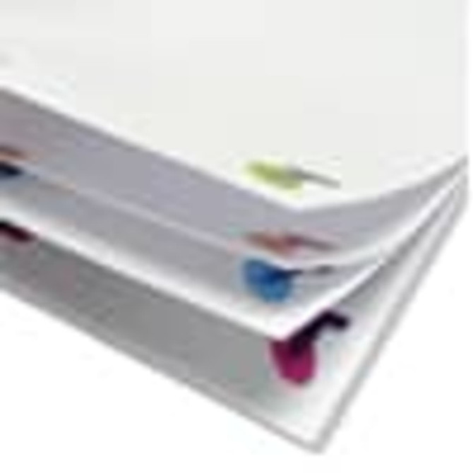 A stack of sticky notes with various coloured tabs, featuring a logo on the top. Each note measures 75x75mm.