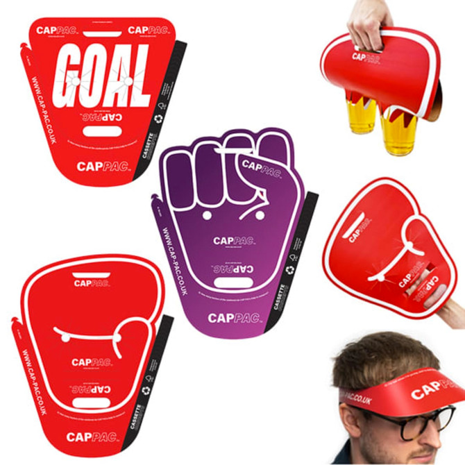 Promotional product featuring red and purple fan designs resembling boxing gloves and a fist, along with a drink holder.