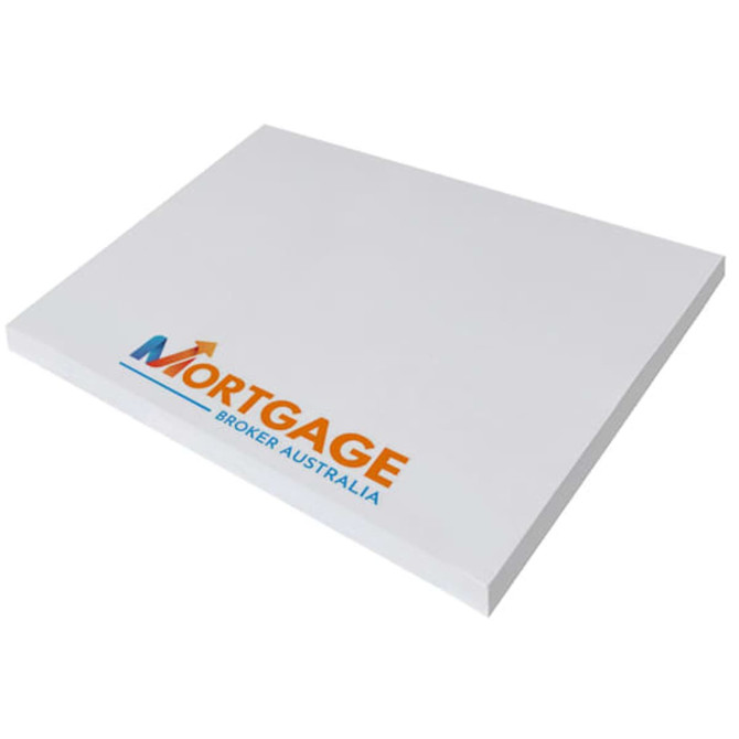 A white notepad with a logo on the surface, featuring a sleek rectangular design.