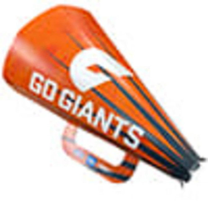 An orange megaphone with a handle and a logo, featuring a design with black and white accents.