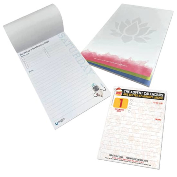 A5 digital notepad featuring a floral design, with blank pages and a check-list layout. Includes a branding logo.