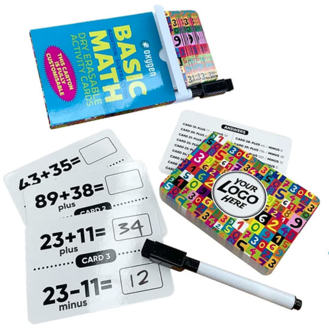A set of colourful dry erase maths cards with a marker, featuring activity cards and a book on basic maths.