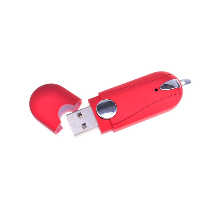 A red flash drive with a detachable cap, featuring a sleek design and a silver accent.