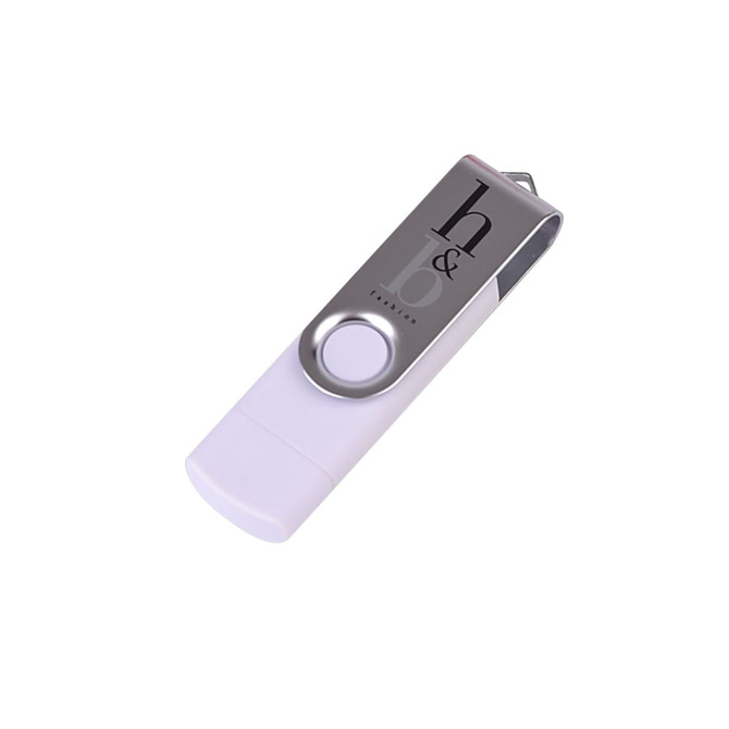 A white and silver double-end Belton micro USB flash drive with a branded logo.