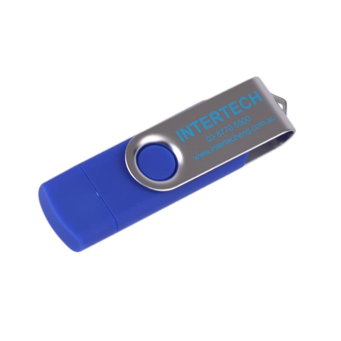 A blue double-end Belton Micro USB flash drive with a metallic silver clip and branding.