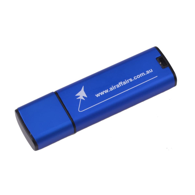 A blue flash drive with a logo, featuring a sleek design and a black end cap.