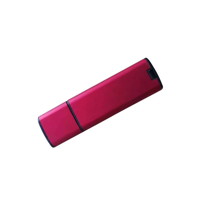 A red flash drive with a sleek design, featuring a black trim and a logo on its surface.