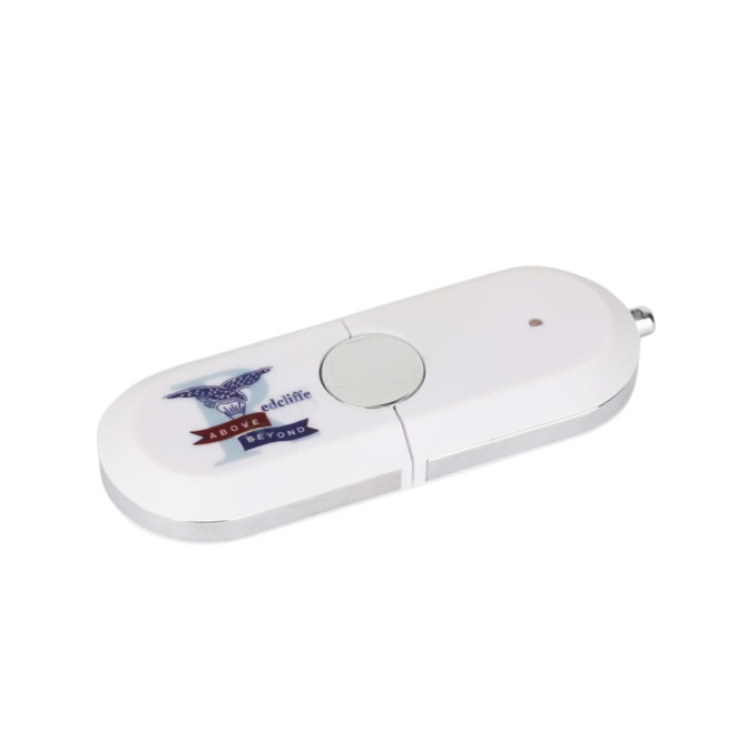 A white flash drive with a silver edge, featuring a logo and a circular button on its surface.