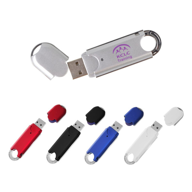 An O-ring flash drive in silver, red, black, blue, and white, featuring a logo on the silver model.