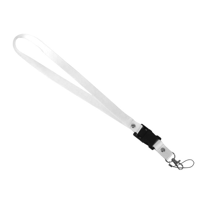 A white lanyard with a black clasp and attachment point, designed for holding a flash drive or ID.