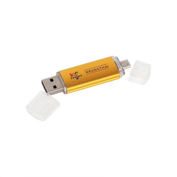 A double-end flash drive in gold with clear caps, featuring a logo on its body.