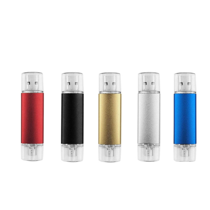 A set of five double-end Saturn Type C flash drives in red, black, gold, silver, and blue with clear casing.