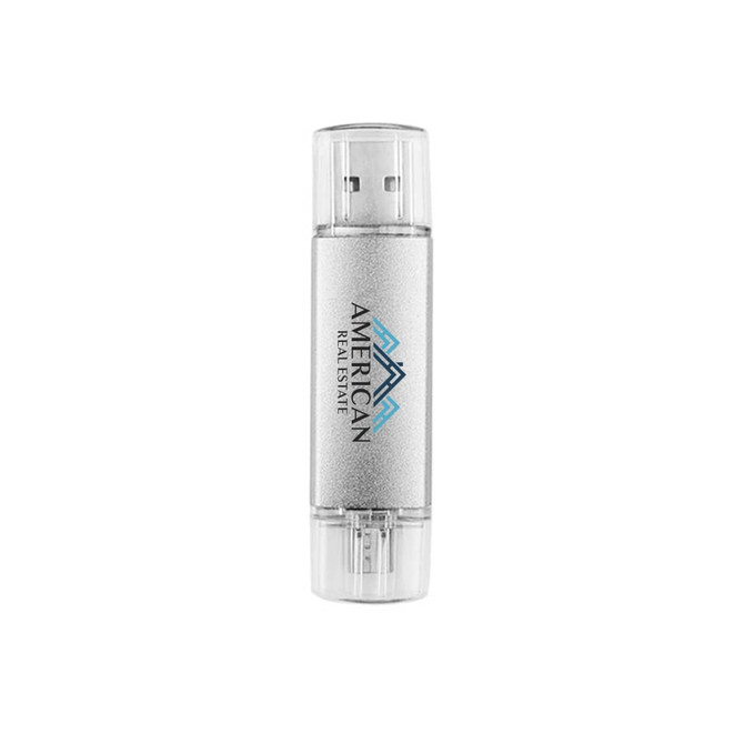 A silver double-end Type C flash drive with a transparent casing and a logo in the centre.
