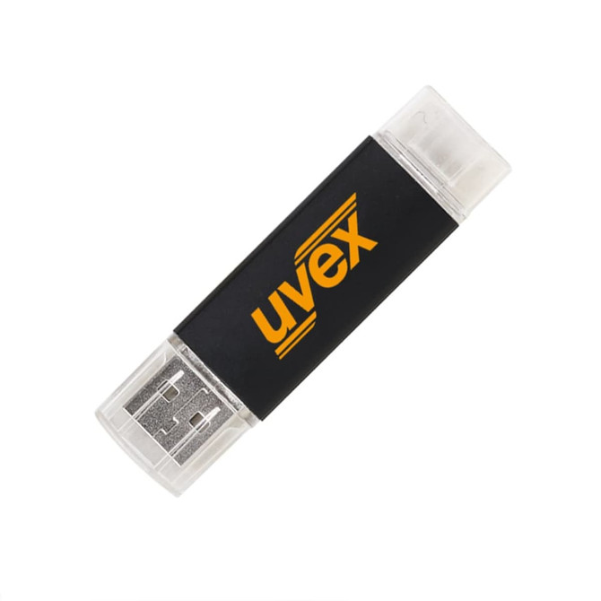 A double-ended Type C flash drive in black and clear, featuring a logo.