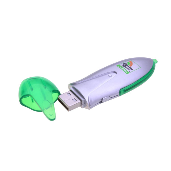 A green and silver flash drive with a removable cap and a logo on its surface.