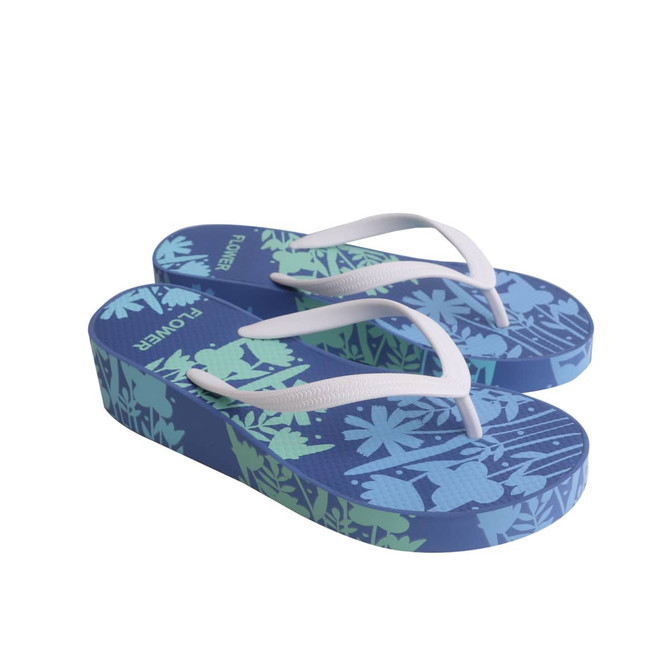 A pair of blue and green rubber platform thongs featuring a nature-inspired design and white straps.