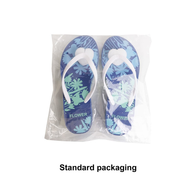 Rubber platform thongs featuring a floral pattern in shades of blue and white, packaged in clear plastic.