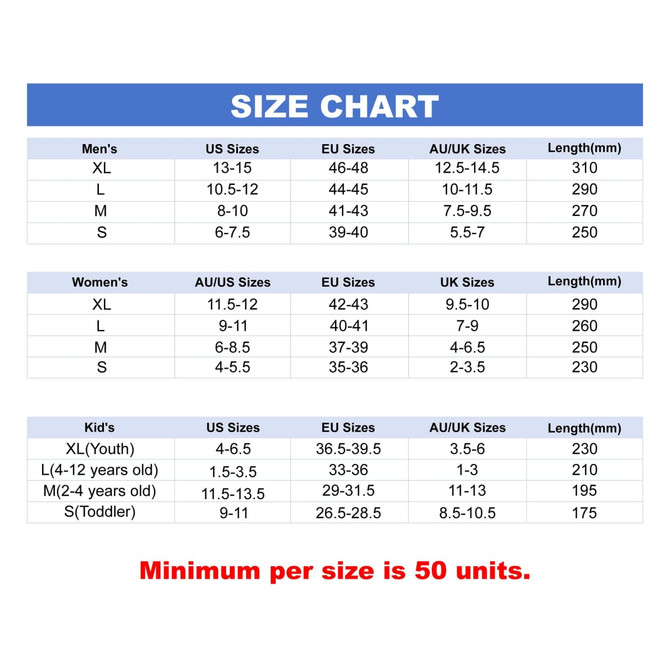A size chart displaying measurements for men's, women's, and kids' clothing in various sizing systems, including a note on minimum order quantity.