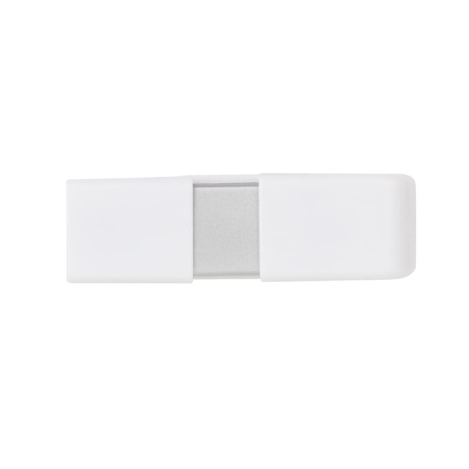 A white flash drive with a silver connector and a simple design. It features a branding logo.