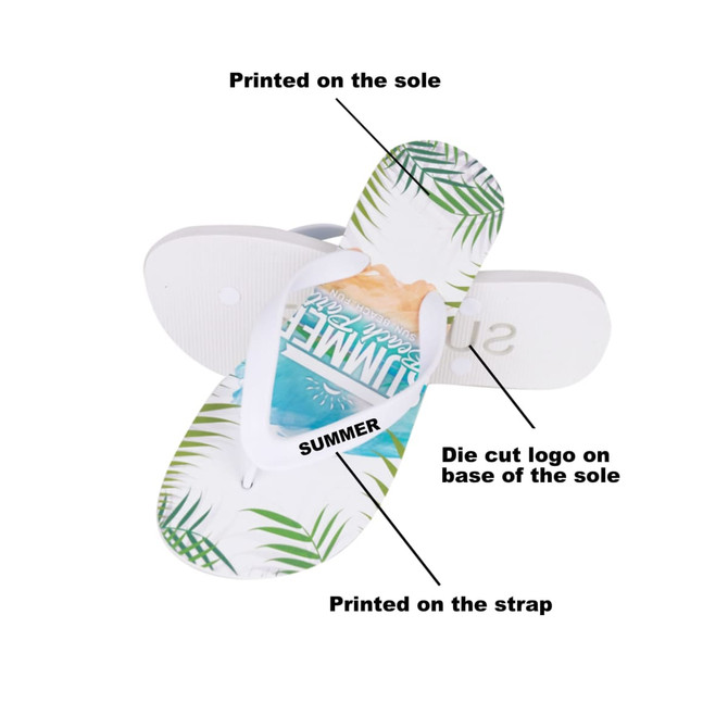 A pair of EVA thongs featuring a tropical design with green leaves and a sunset, white sole and strap.