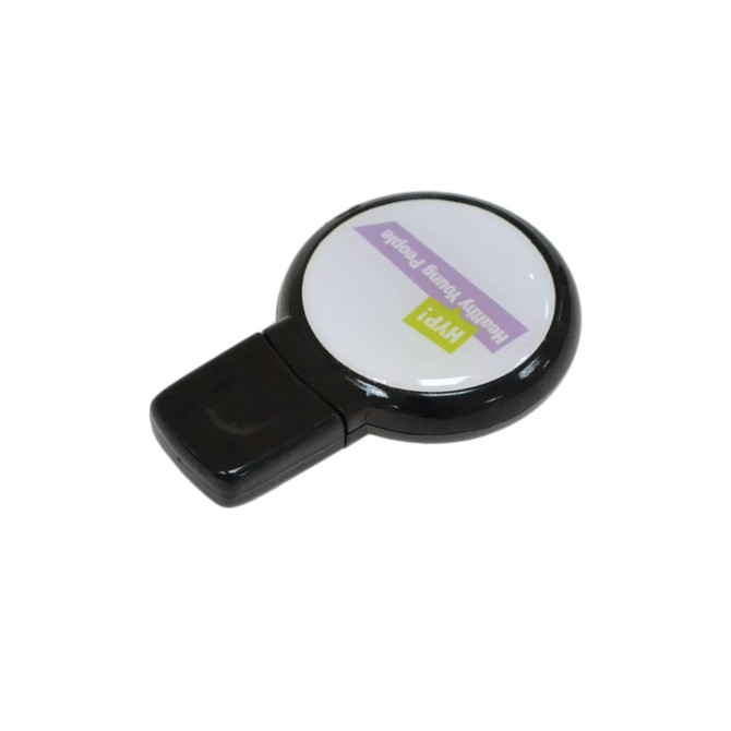 A round domed black flash drive with a glossy surface and a white circular area, featuring a logo.