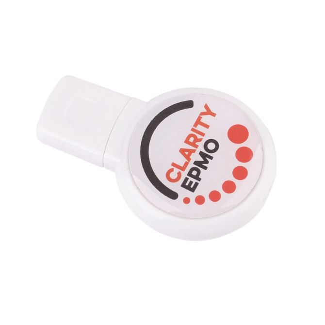 A round, white domed flash drive featuring a logo and red accents on the front.