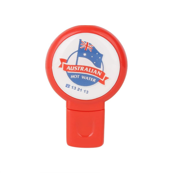 A round red flash drive with a circular top featuring an Australian flag design and a logo.