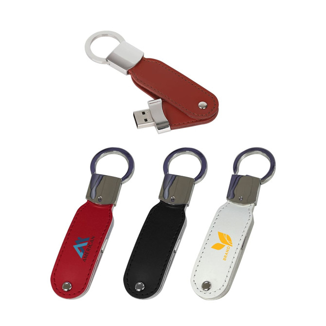 A leather swivel flash drive featuring red, black, silver, and a branded logo on one.