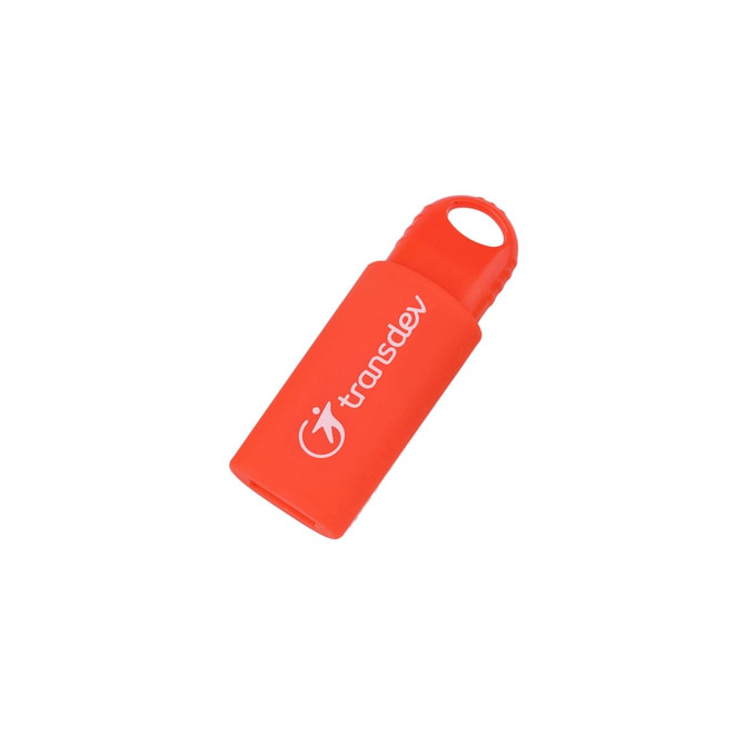 A red flash drive with a looped end and a logo, designed for easy portability and storage.