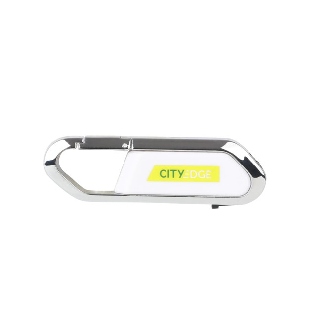 A mini carabiner flash drive in silver and white, featuring a logo on one side.