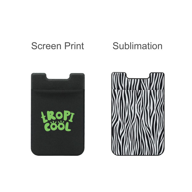 A black phone wallet featuring a green screen print design on one side and a zebra print pattern on the other.