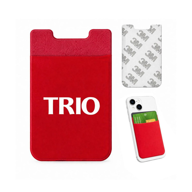 A red Lycra Smart Wallet featuring a smooth front and a 3M adhesive back, designed for attaching to phones.
