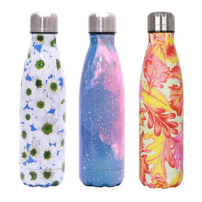 A drink bottle featuring three designs: floral, galaxy, and tropical leaf patterns, with a stainless steel double wall.