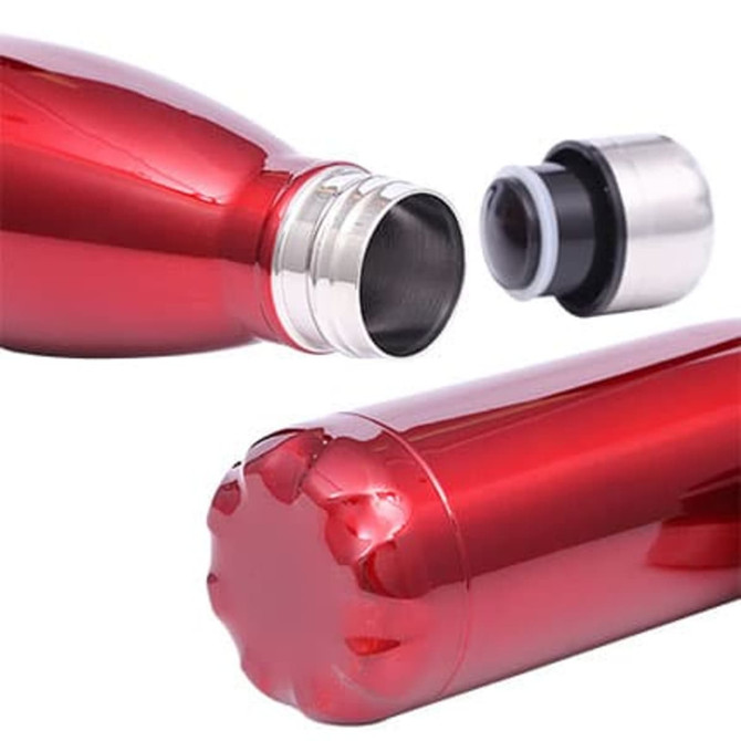 A drink bottle in bright red stainless steel with a double wall design and a detachable lid.