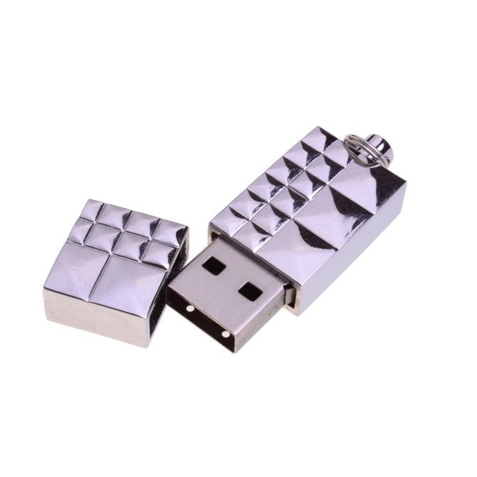 A silver USB flash drive with a textured design, featuring a removable cap. It has a small attachment loop.