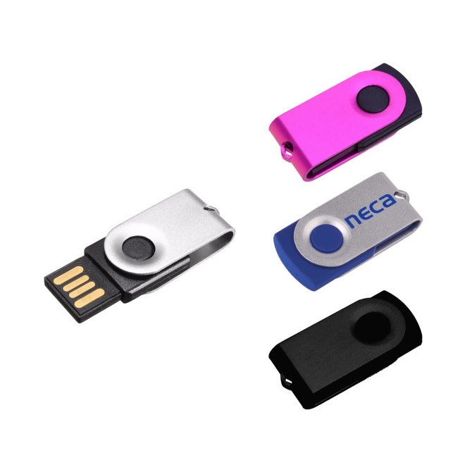 A set of four Mini Belton Flash Drives in pink, silver, blue, and black, each featuring a logo.