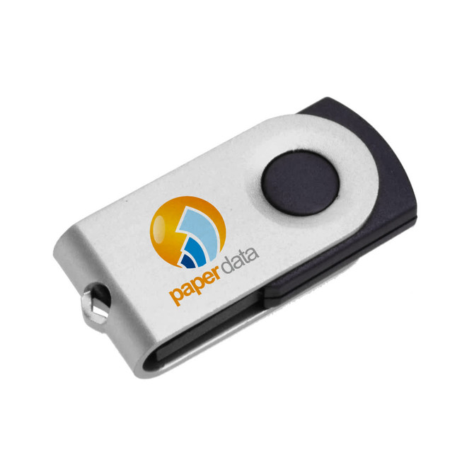 A silver and black Mini Belton Flash Drive with a circular button and a logo.