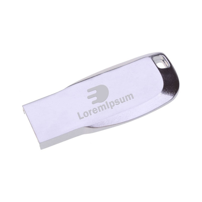 A silver Mini Key Flash Drive with a sleek design and a branding logo.
