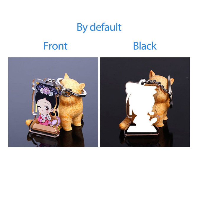 A custom shape acrylic keyring with a design featuring a character, displayed on a black surface alongside a cat figure.